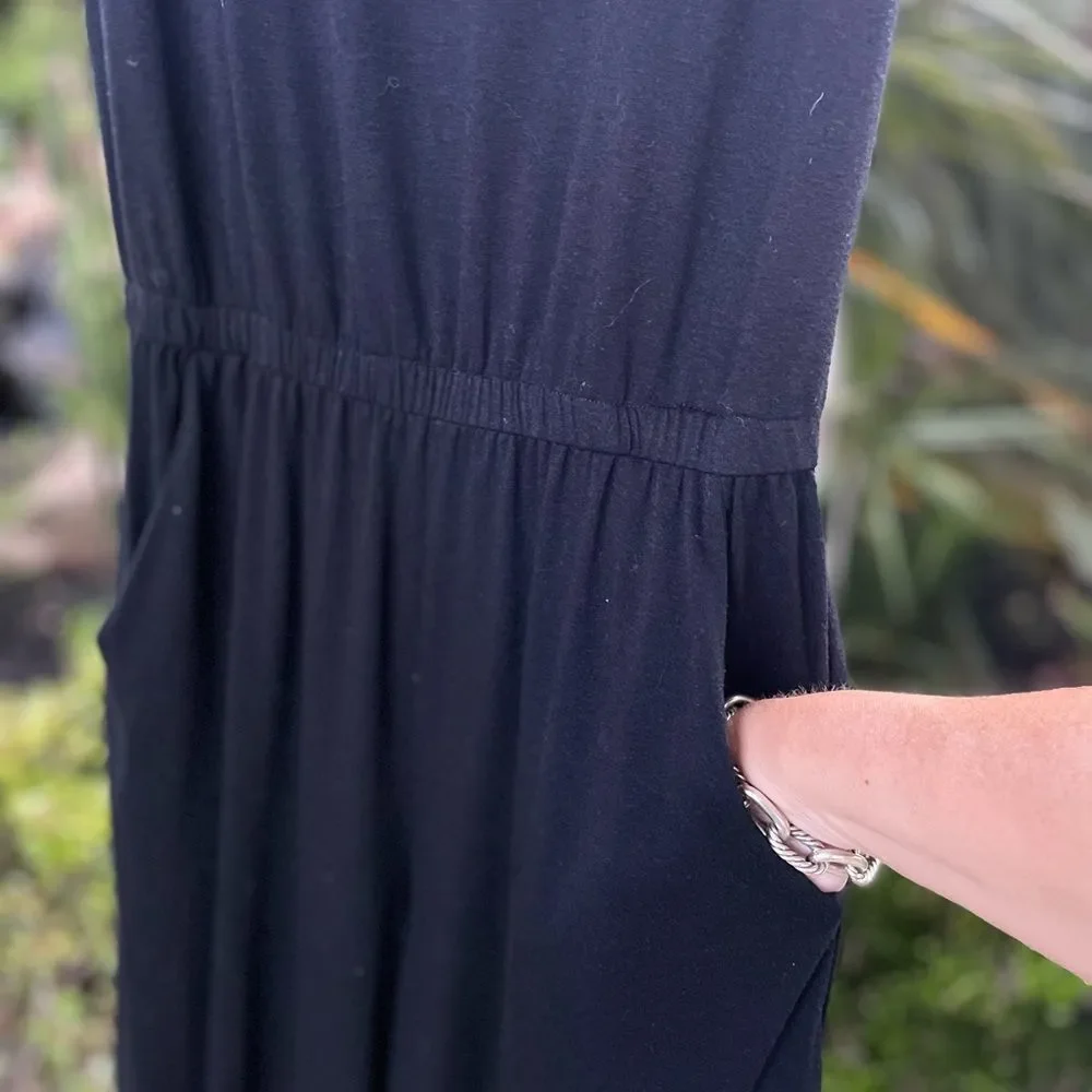 Black short sleeve elastic waist jogger bottom one piece pull-on jumpsuit - Picture 2 of 10